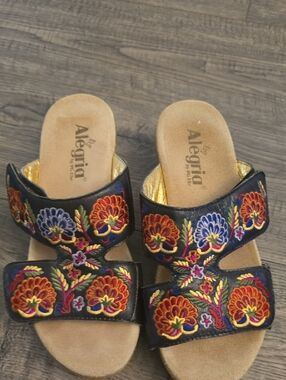 Alegria Black Embroidered Slide Sandals with Multicolor Floral Stitching